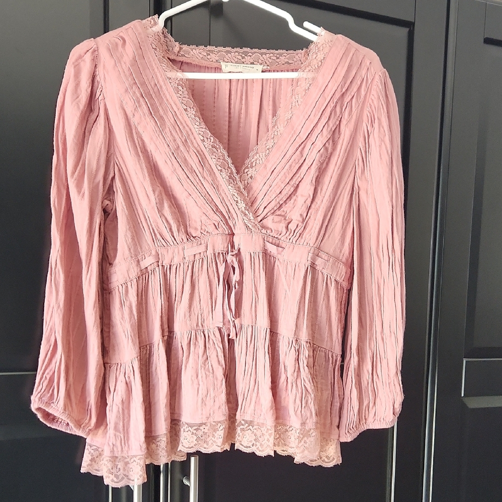 Lucky Brand Pink 3/4 Sleeve Tie Front Blouse